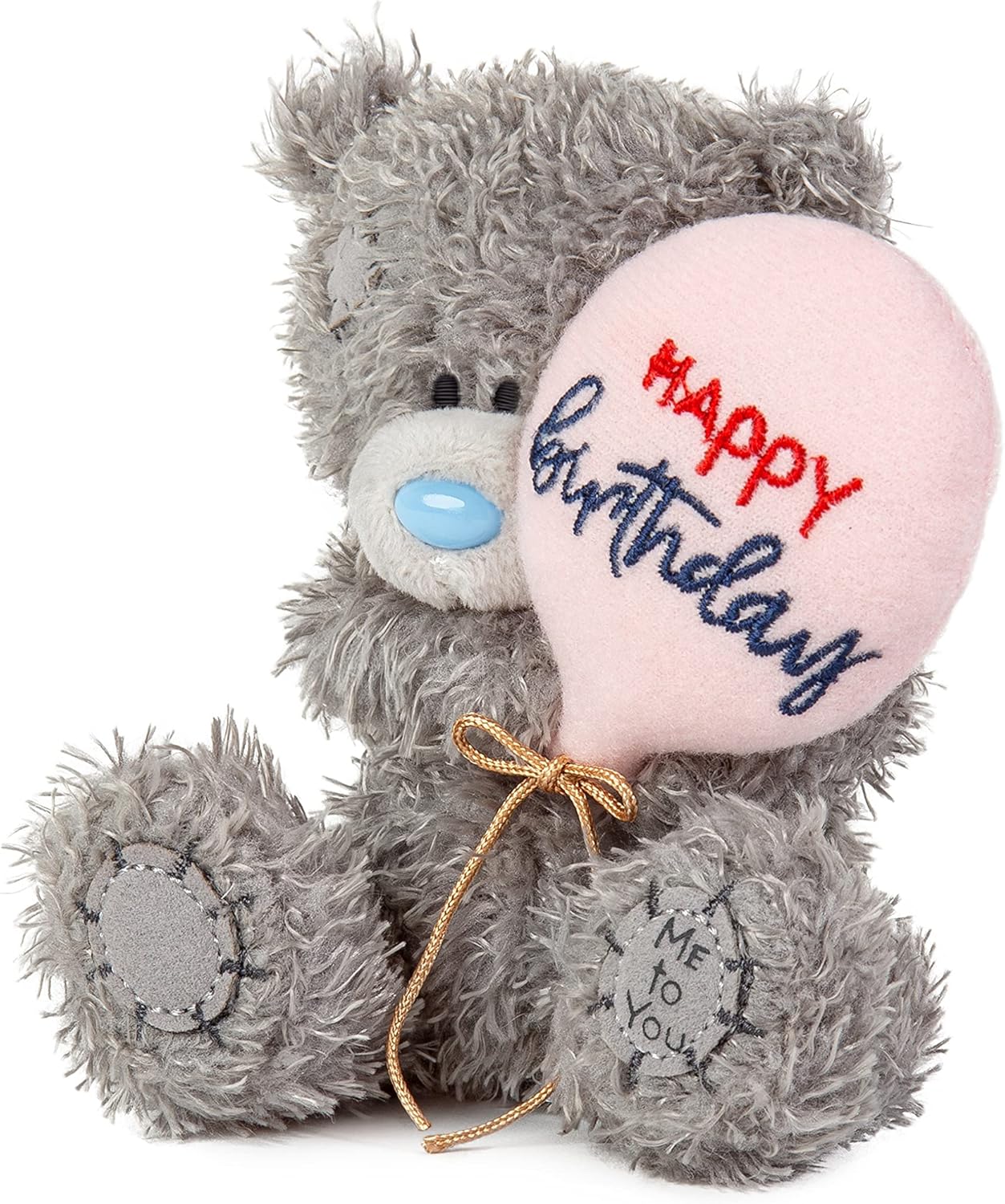 Grey Tatty Teddy soft toy by Carte Blanche, 10cm Happy Birthday bear holding balloon from the Me to You collection.