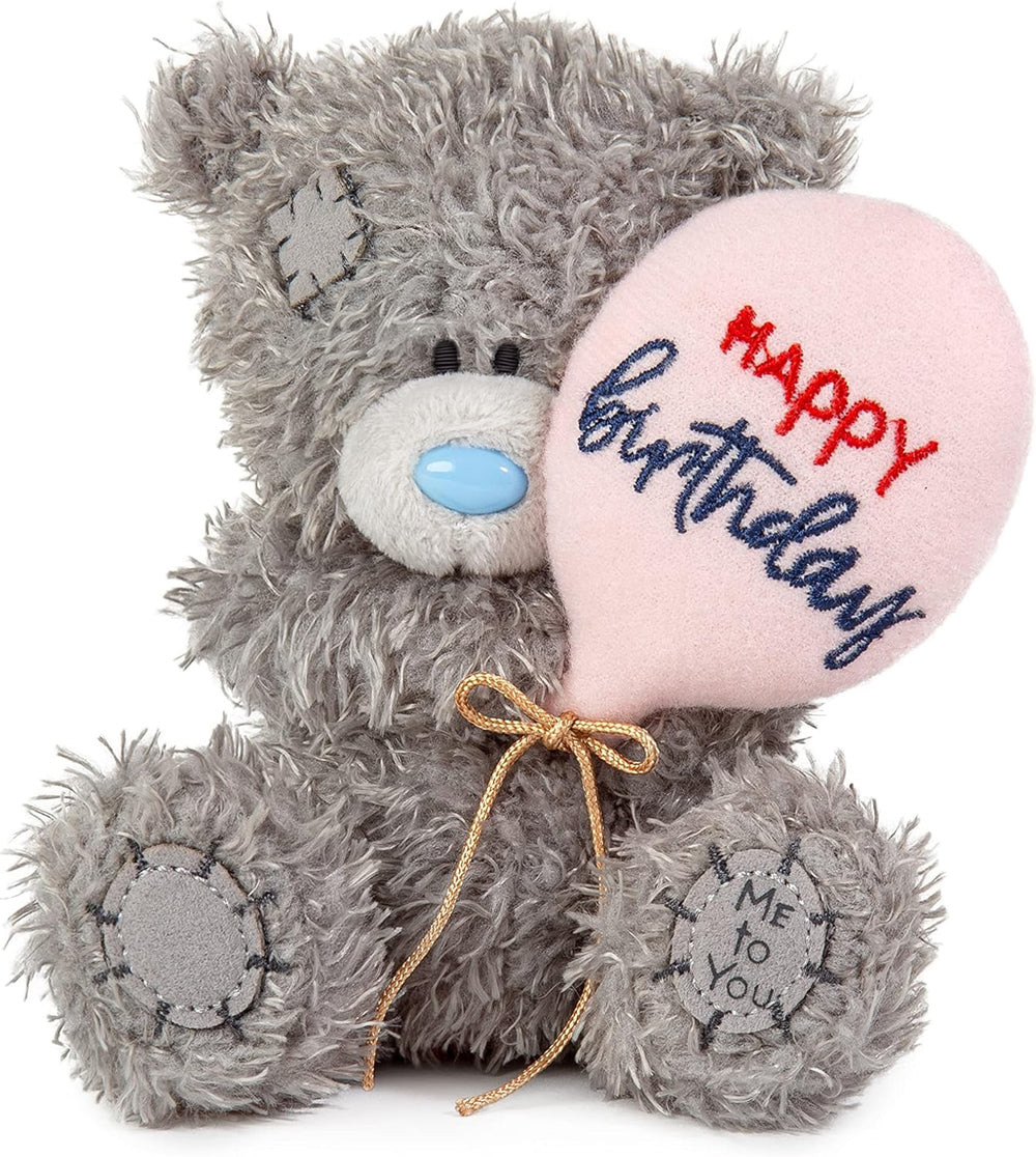Grey Tatty Teddy soft toy by Carte Blanche, 10cm Happy Birthday bear holding balloon from the Me to You collection.