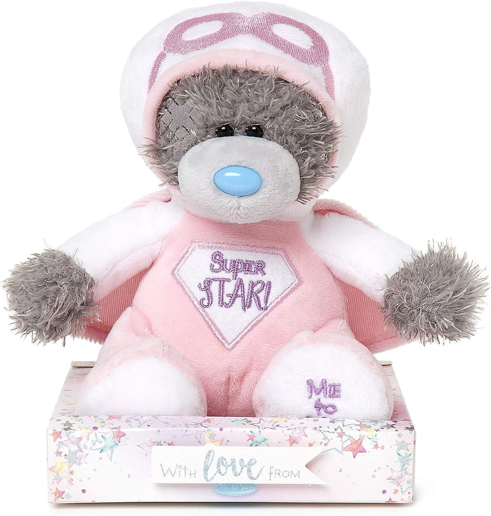 Pink Tatty Teddy Bear soft toy by Carte Blanche dressed as a superhero with a pink cape and star details.