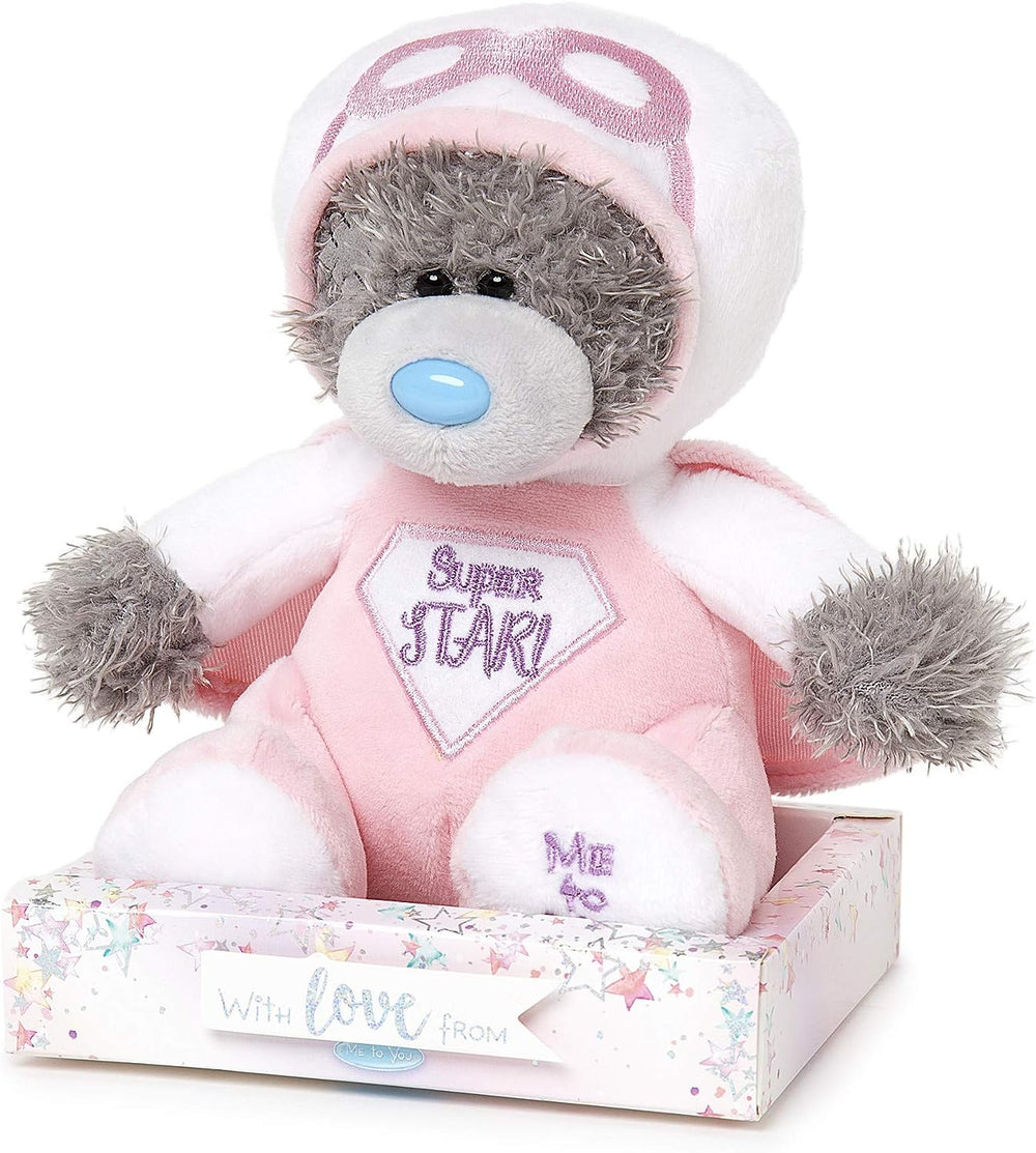 Pink Tatty Teddy Bear soft toy by Carte Blanche dressed as a superhero with a pink cape and star details.