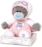 Pink Tatty Teddy Bear soft toy by Carte Blanche dressed as a superhero with a pink cape and star details.