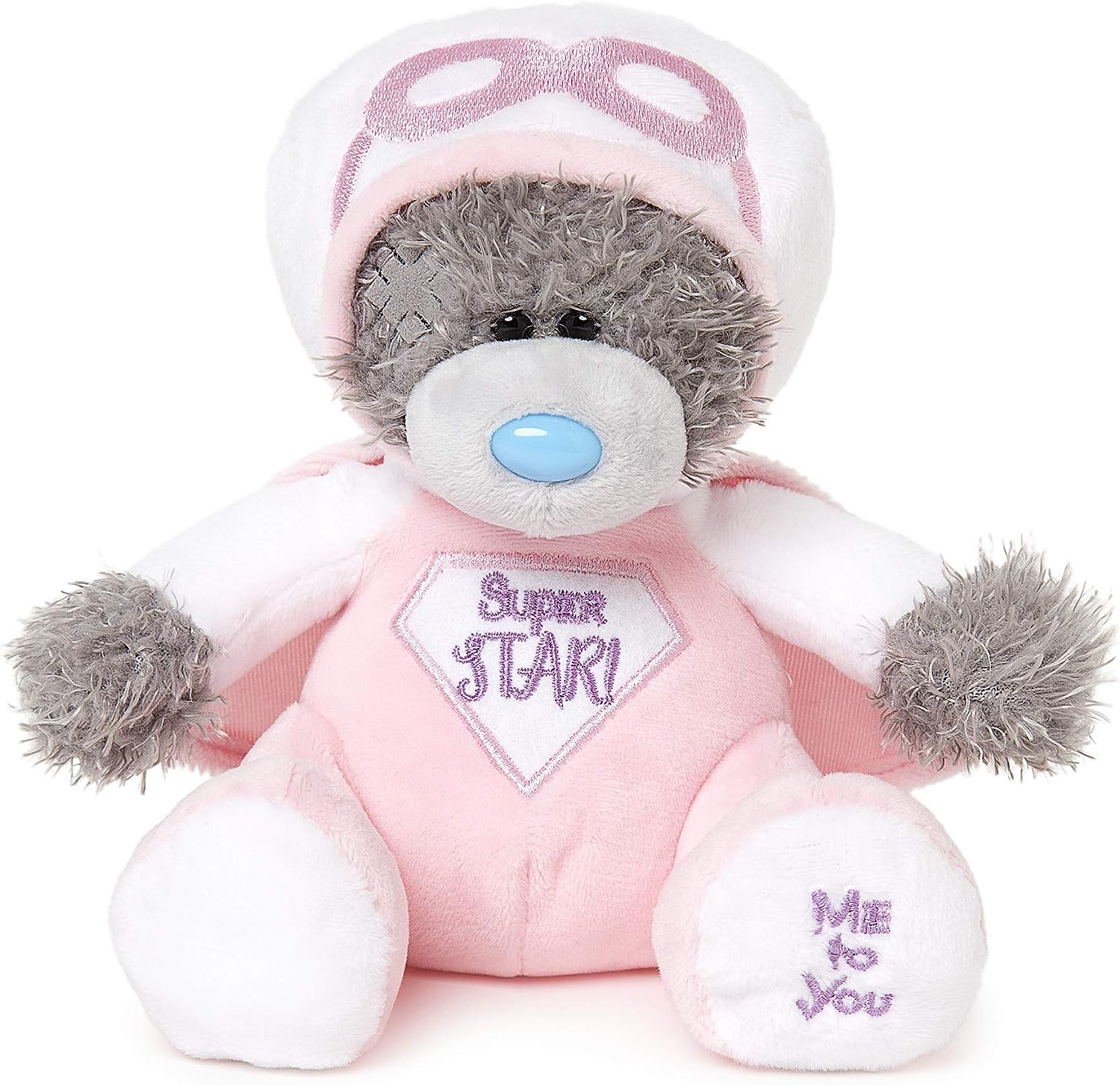 Pink Tatty Teddy Bear soft toy by Carte Blanche dressed as a superhero with a pink costume and star emblem.