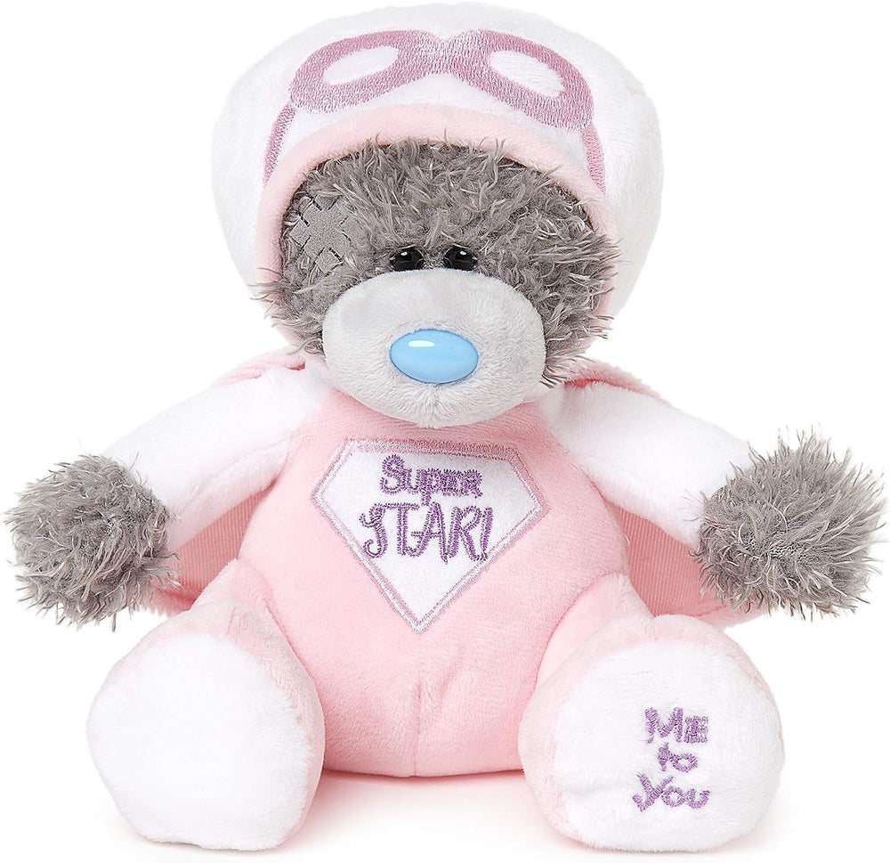Pink Tatty Teddy Bear soft toy by Carte Blanche dressed as a superhero with a pink costume and star emblem.