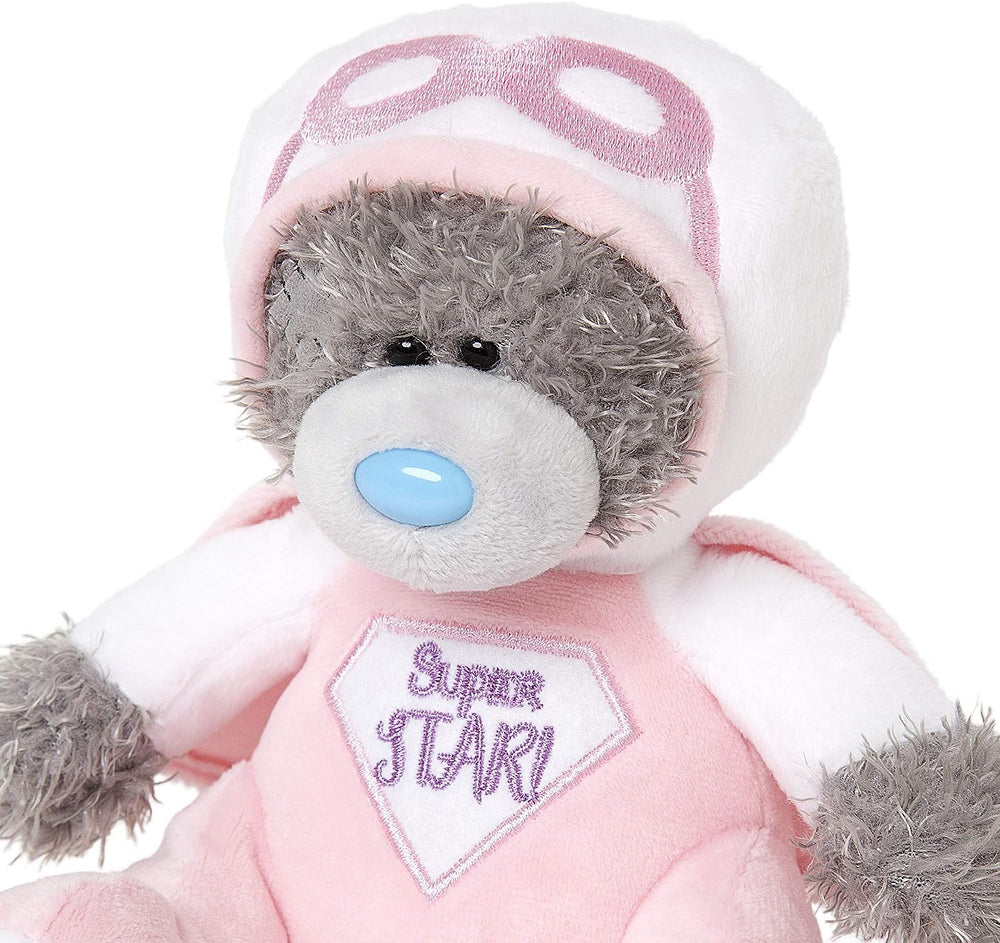 Pink Tatty Teddy Bear soft toy from Carte Blanche, dressed as a superhero with a star emblem, soft and cuddly for children.