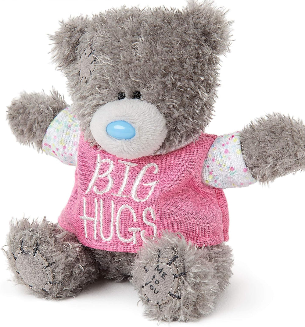 Carte Blanche Tatty Teddy soft toy wearing a Big Hugs slogan T-shirt, featuring a cuddly plush bear with a friendly face.
