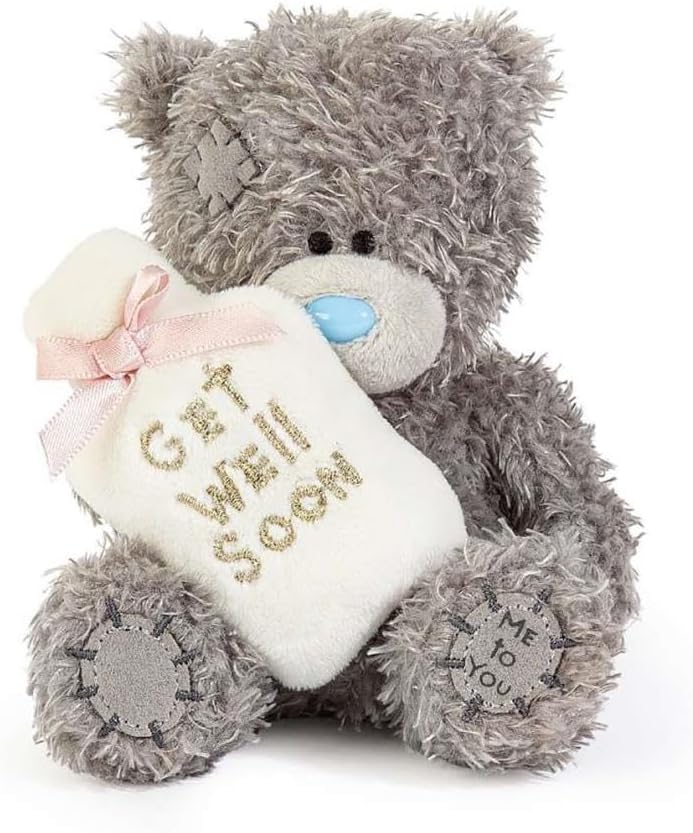 Tatty Teddy plush 10cm high Get Well Soon bear holding a novelty hot water bottle from Carte Blanche's official collection.