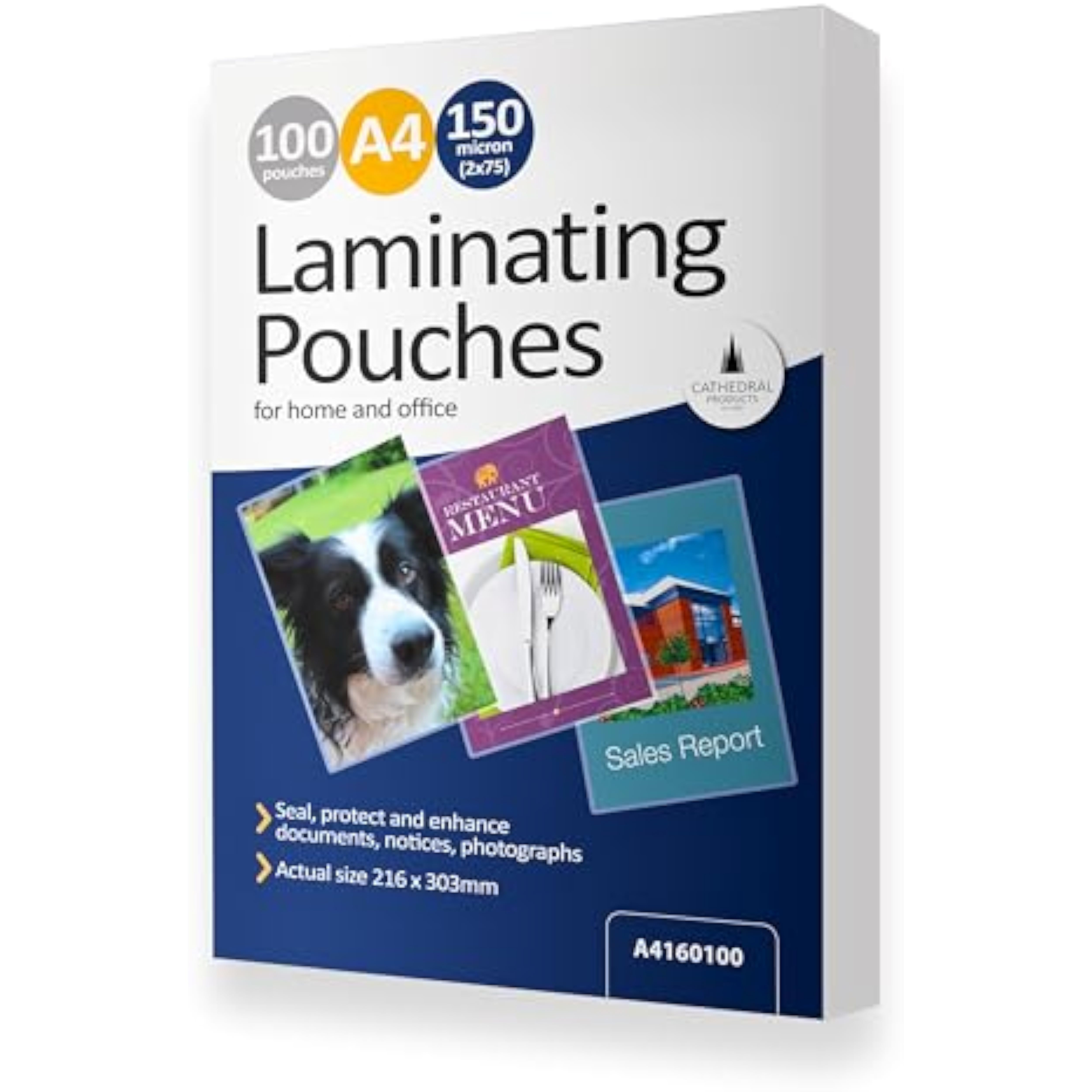 A pack of Cathedral Products A4 gloss laminating pouches, 150 micron thickness, with 100 pouches for office laminating needs.