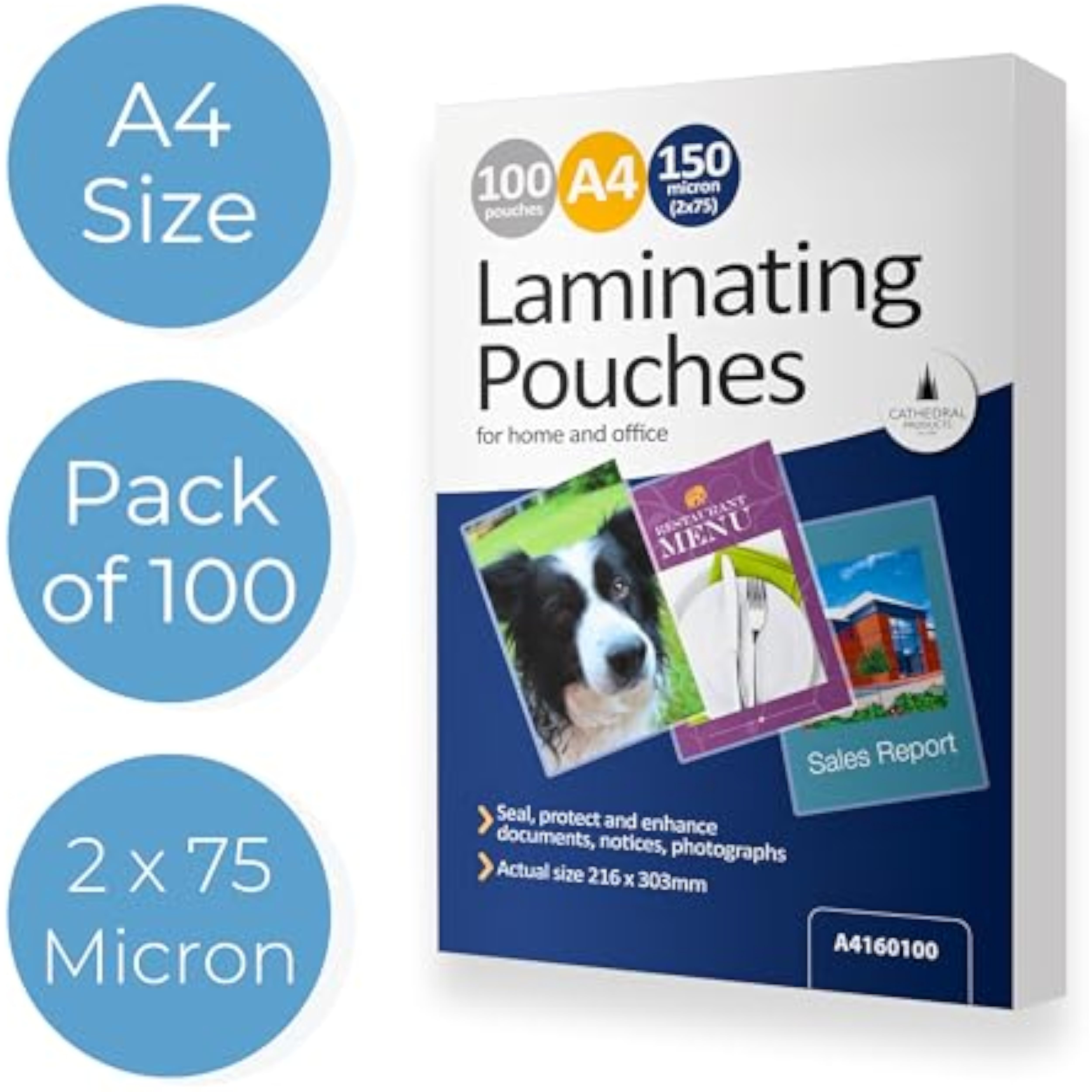 A pack of 100 Cathedral Products A4 gloss laminating pouches, 150 micron thickness, for office laminating needs.