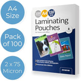 A pack of 100 Cathedral Products A4 gloss laminating pouches, 150 micron thickness, for office laminating needs.