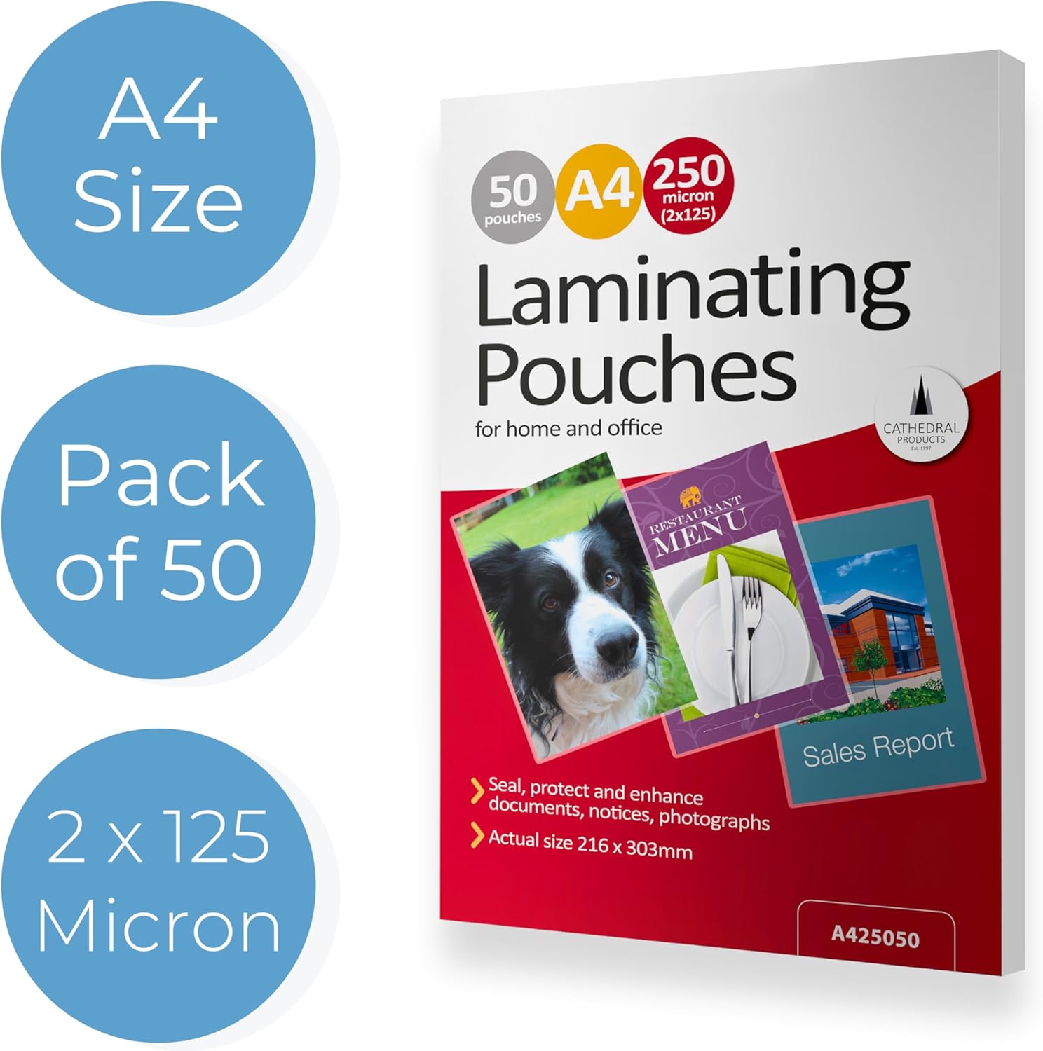 Pack of 50 Cathedral Products A4 gloss laminating pouches, 250 micron for office laminating and binding needs.