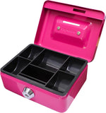 Pink 4-inch cash box by Cathedral Products with coin slot and lift-out 6-compartment coin tray for office security storage.