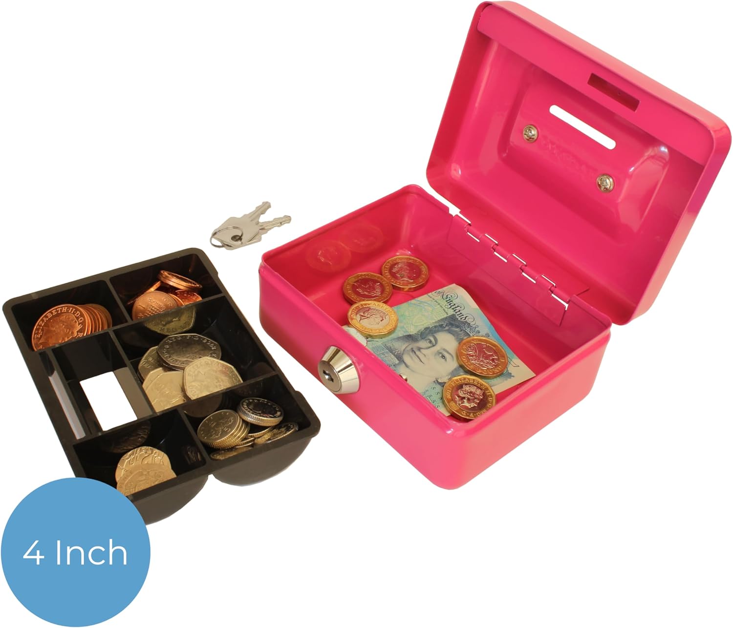 Pink 4-inch cash box with coin slot and lift-out 6-compartment coin tray, ideal for office security and storage.