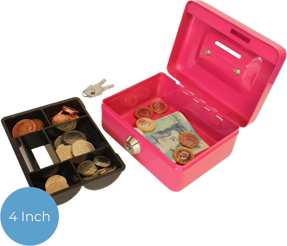 Pink 4-inch cash box with coin slot and lift-out 6-compartment coin tray, ideal for office security and storage.