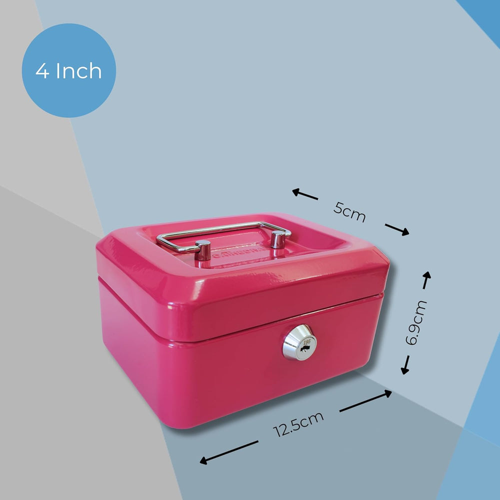 Pink Cathedral Products 4-inch cash box with coin slot and lift-out 6-compartment coin tray for secure cash storage.