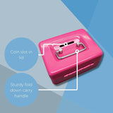 Pink 4-inch cash box by Cathedral Products featuring a coin slot and a lift-out 6-compartment coin tray for secure storage.