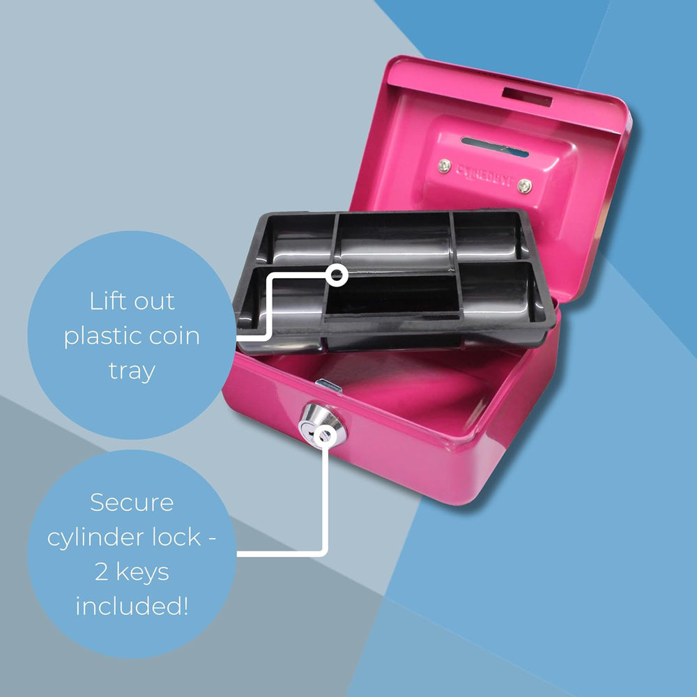 Pink Cathedral Products 4-inch cash box with coin slot and lift-out 6-compartment coin tray for secure cash storage