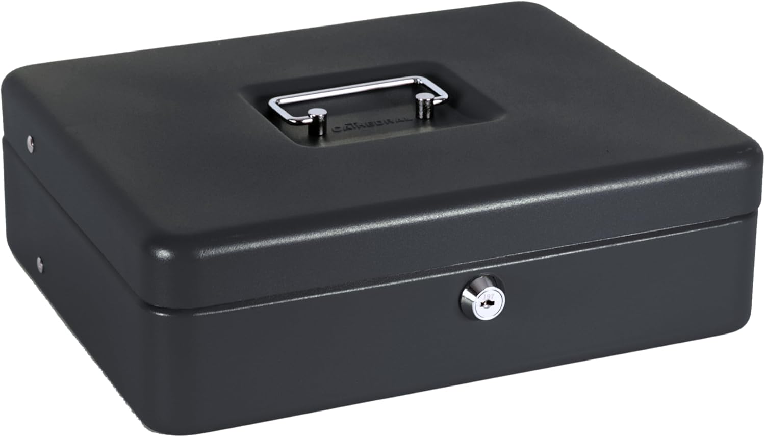 Black Cathedral Products cash box with foam lining and cantilever coin tray, suitable for office security and storage.