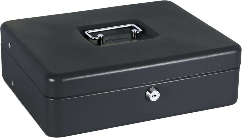 Black Cathedral Products cash box with foam lining and cantilever coin tray, suitable for office security and storage.
