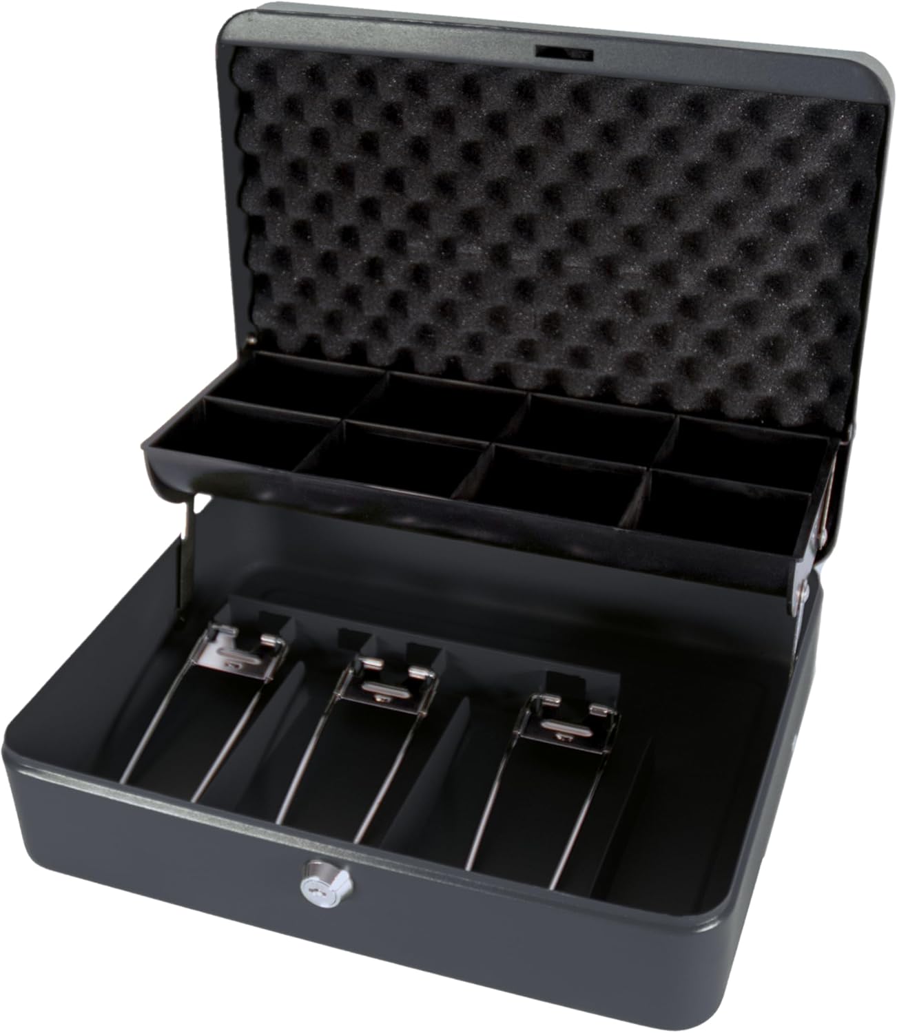 Black Cathedral Products cash box with foam lining and cantilever coin tray, used for secure storage of cash and valuables.