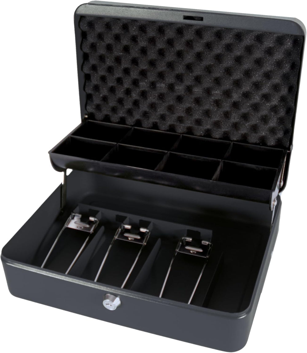 Black Cathedral Products cash box with foam lining and cantilever coin tray, used for secure storage of cash and valuables.