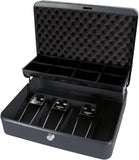 Black Cathedral Products cash box with foam lining and cantilever coin tray, used for secure storage of cash and valuables.