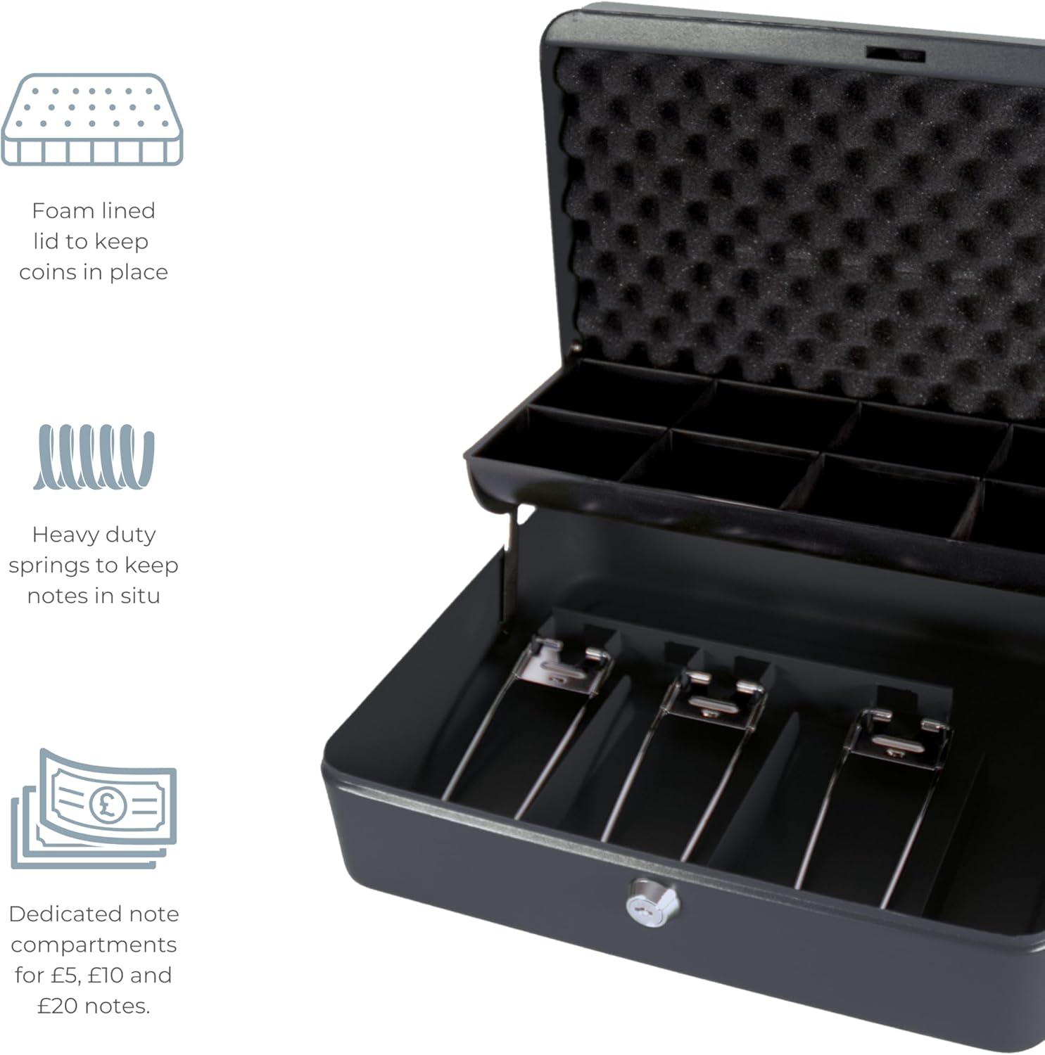 Black Cathedral Products cash box with foam lining and cantilever coin tray for secure office storage.
