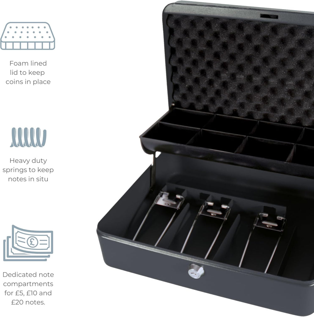 Black Cathedral Products cash box with foam lining and cantilever coin tray for secure office storage.