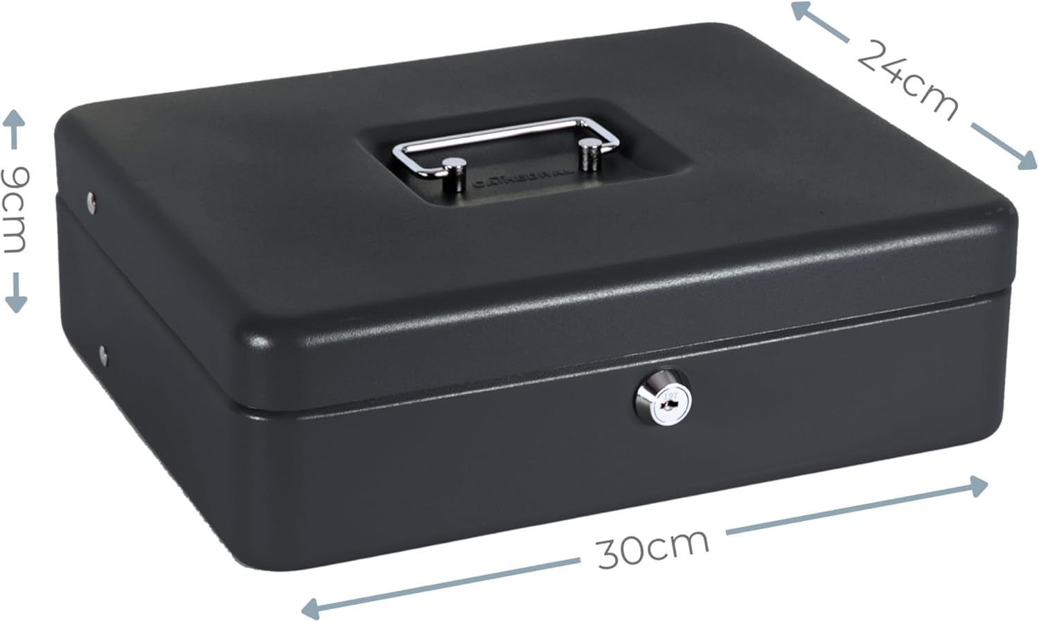 Black Cathedral Products cash box with foam lining and cantilever coin tray for secure office storage and cash management.