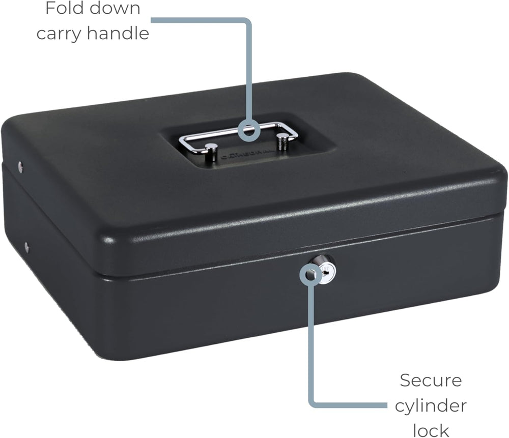 Black Cathedral Products cash box with foam lining and cantilever coin tray, designed for secure office storage and cash handling.