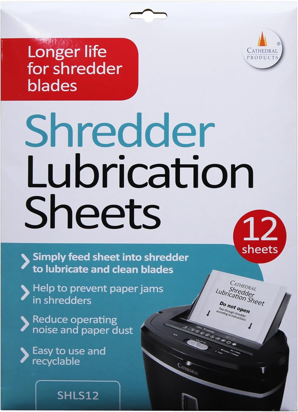 Cathedral Products shredder lubrication sheets pack of 12, compatible with paper shredders for smooth operation and maintenance.