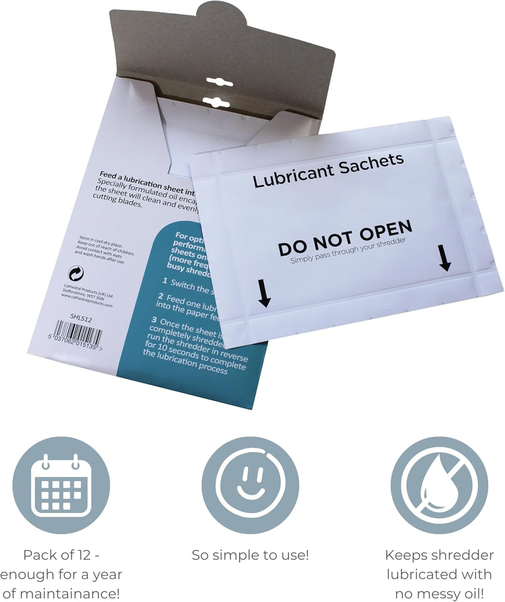 Pack of 12 Cathedral Products shredder lubrication sheets, designed as shredder accessories for smooth paper shredder operation.