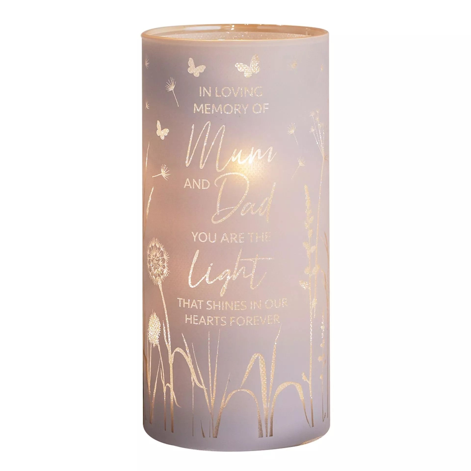 Celebrations memorial tube light keepsake with "Mum & Dad" tribute, designed to honor loved ones with a soft glowing light.