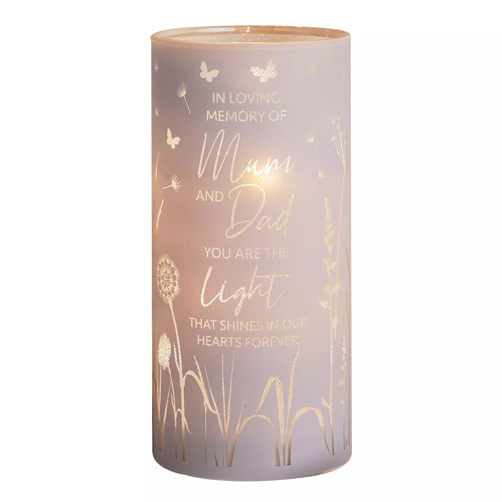 Celebrations memorial tube light keepsake with "Mum & Dad" tribute, designed to honor loved ones with a soft glowing light.