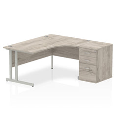 Dynamic Impulse 1600mm Right Crescent Desk Grey Oak Top Silver Cantilever Leg Workstation 600mm Deep Desk High Pedestal Bundle I003183 DD