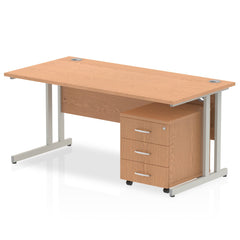 Impulse Cantilever Straight Office Desk W1800 x D800 x H730mm Oak Finish Silver Frame With 3 Drawer Mobile Pedestal - MI000989 DD
