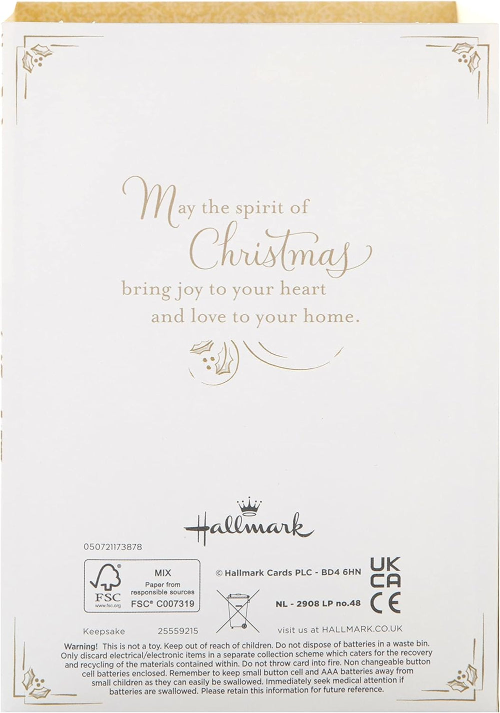 Pop Up Musical Christmas Greeting Card with Light Up Festive Spirit Design