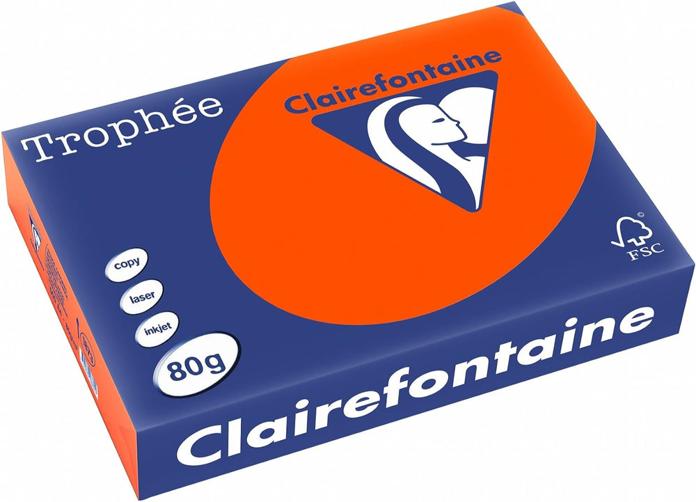 Bright red Clairefontaine Trophée A4 coloured paper, 80gsm, stacked in a pile, 500 sheets for crafts and printing projects.