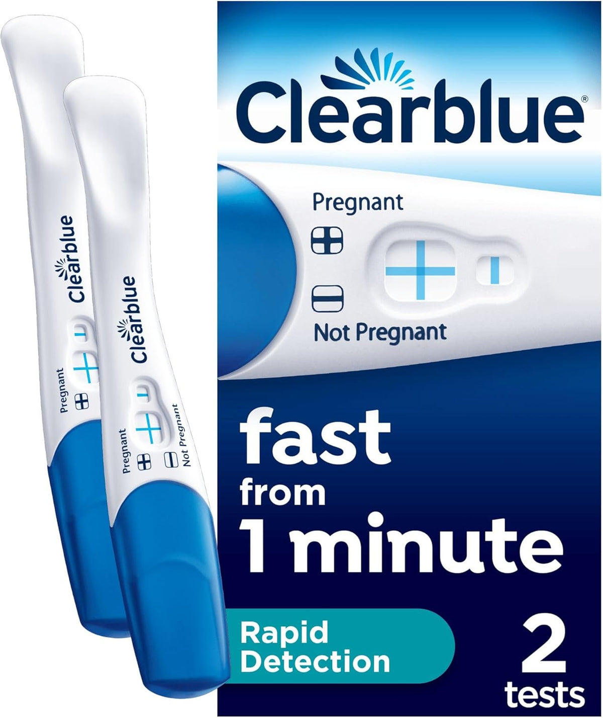 Clearblue pregnancy test kit with two rapid detection home tests, showing result window with lines, easy to use at home.