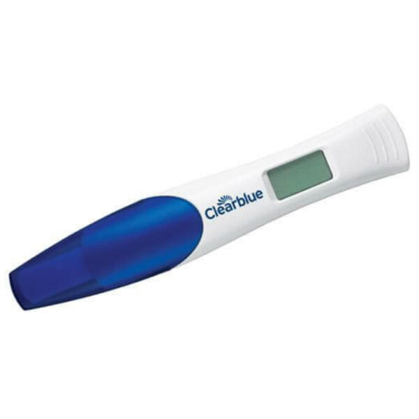 Clearblue digital pregnancy test with conception indicator showing a positive result and digital display, designed for home pregnancy testing.