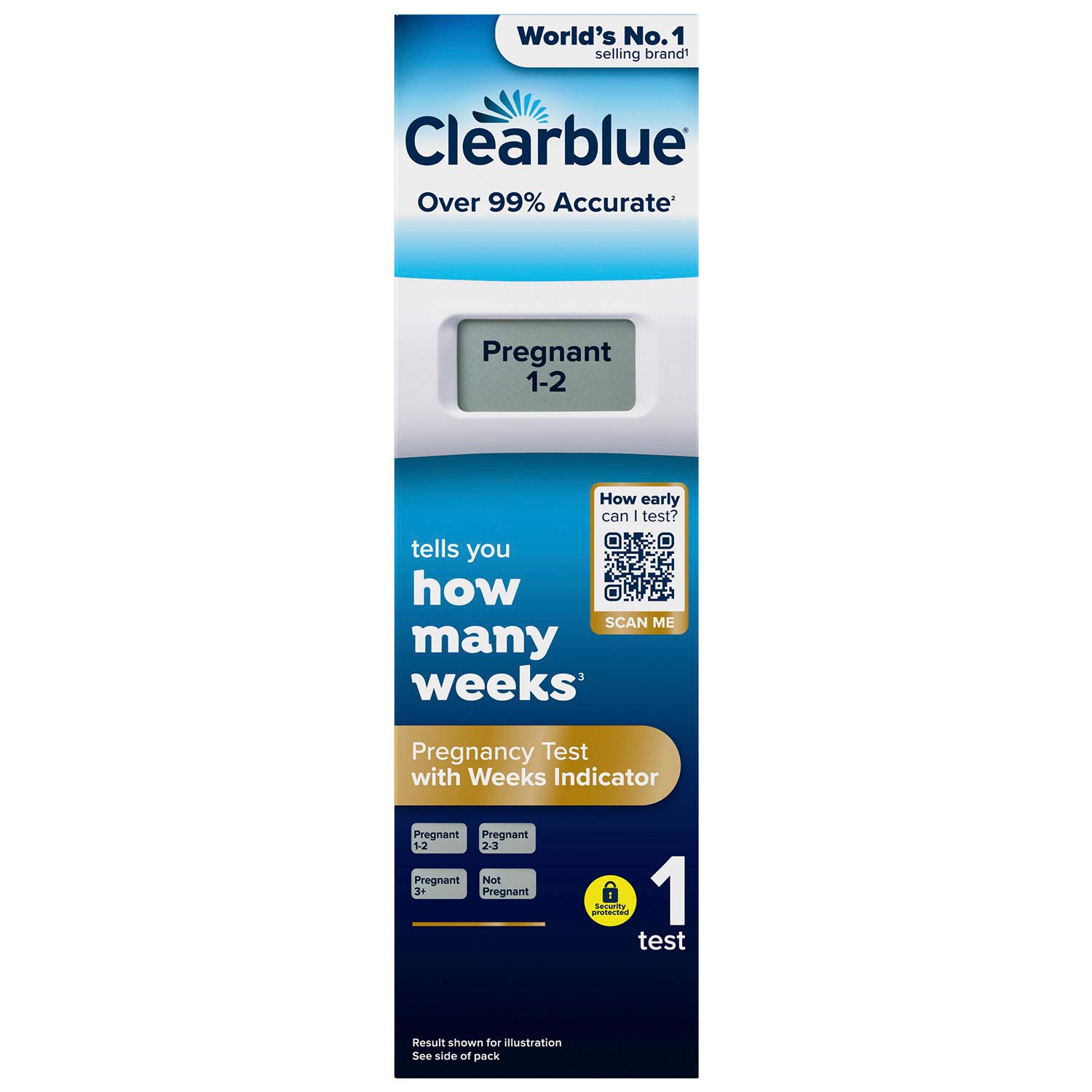Clearblue Digital Pregnancy Test with Conception Indicator showing digital result and test window, brand logo visible.