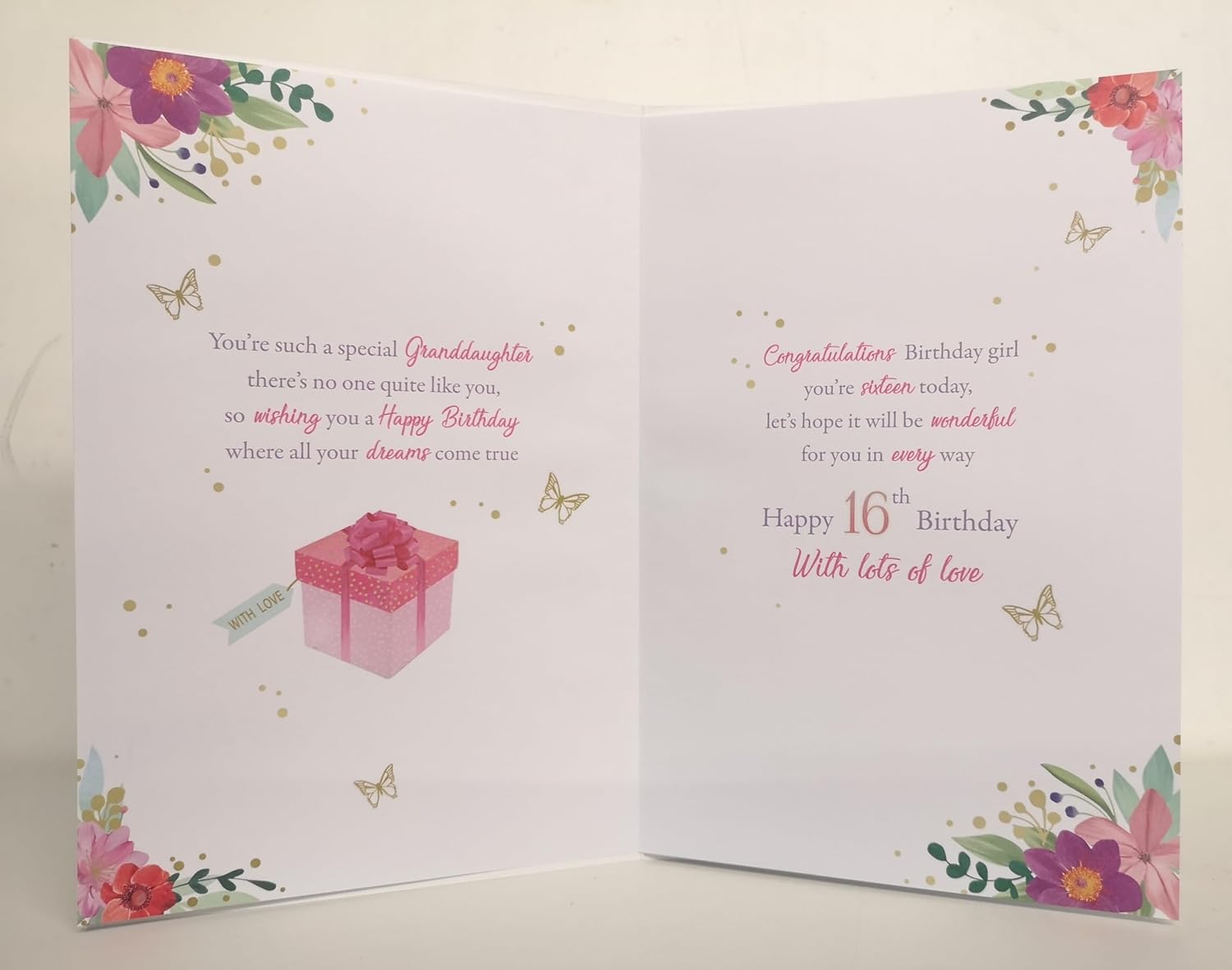 Paper Rose Special Granddaughter 16th Birthday Card - Age 16 - Giftbox Balloons Flowers and Butterflies with Foil Details