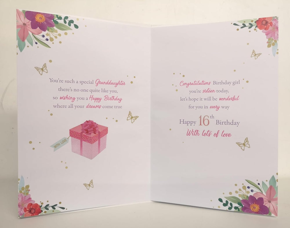 Paper Rose Special Granddaughter 16th Birthday Card - Age 16 - Giftbox Balloons Flowers and Butterflies with Foil Details