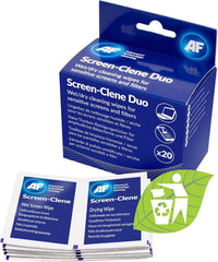 AF Screen-Clene Monitor Cleaning Duo Pairs of Wet and Dry Wipes. Anti-Static Cleaning Wipes - Box of 20 Duo Wipes For Smartphones, TV's, Glasses Lenses, Laptops, Monitors & Tablets, Silver,SCR020