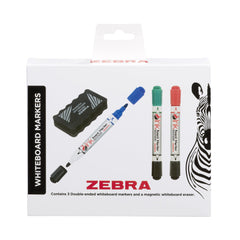 Zebra Double Ended Whiteboard Marker Assorted (Pack 3) with Magnetic Eraser - 2719