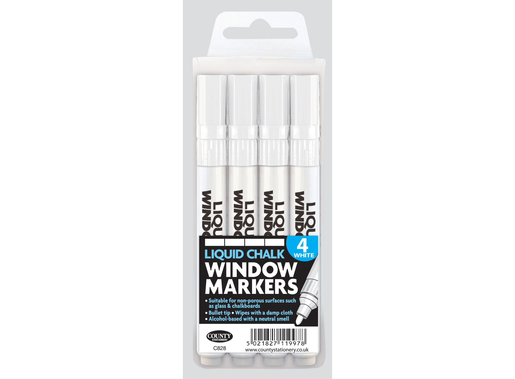 County Window White Liquid Chalk Markers, set of 4, for arts and crafts projects on glass and chalkboard surfaces.