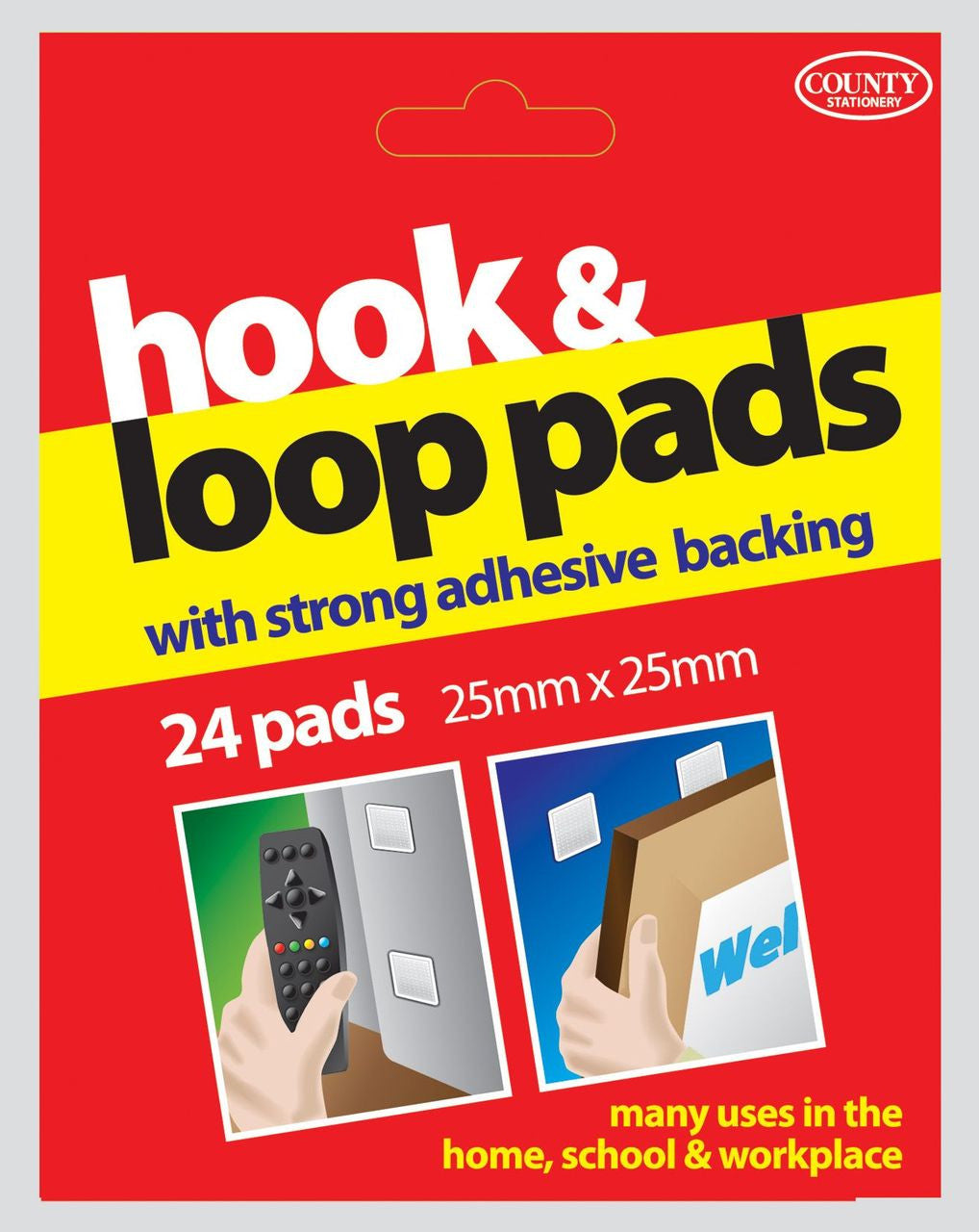 County brand hook and loop pads with strong adhesive backing, fastening accessory for versatile attachment applications.
