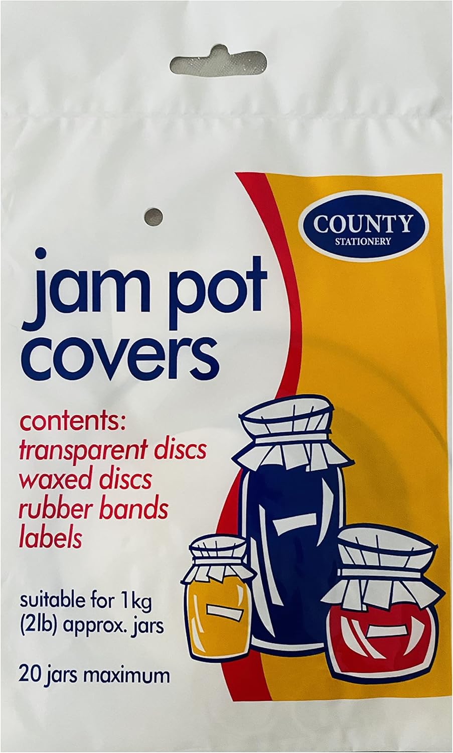 County jam pot covers pack with wax discs, cellophane covers, and rubber bands for homemade preserves kitchenware.