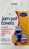 County jam pot covers pack with wax discs, cellophane covers, and rubber bands for homemade preserves kitchenware.