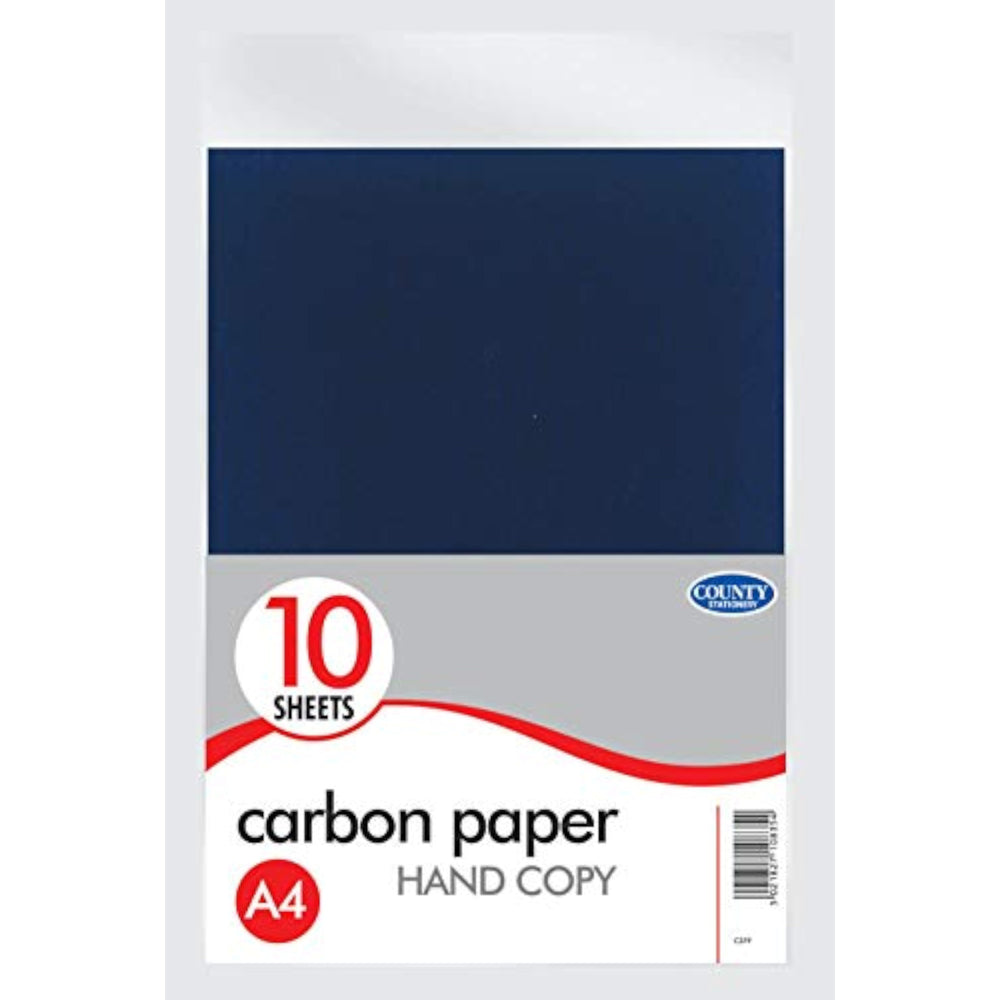 A4 black carbon paper by County, showing 10 sheets of office supplies for duplicating handwritten or typed documents.