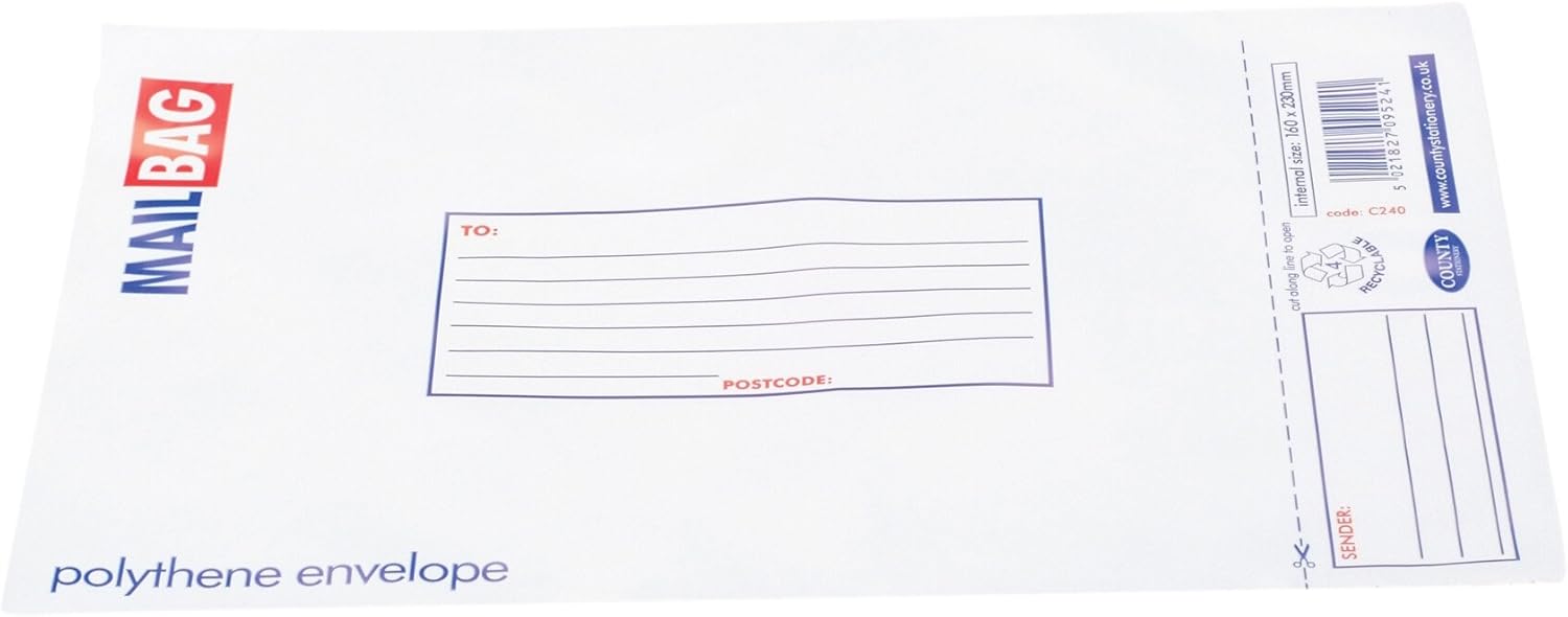 Set of 25 small County polythene mail bags, 16 x 23cm, used for packaging and mailing items.